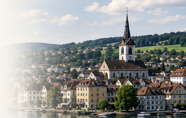 Panorama einer Ortschaft am See im Thurgau